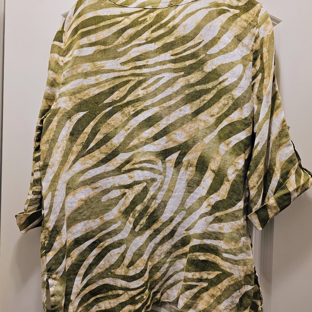 Green Linen Zebra Print Tunic Top Size 16 Coastal Lightweight Boho - Picture 3 of 8